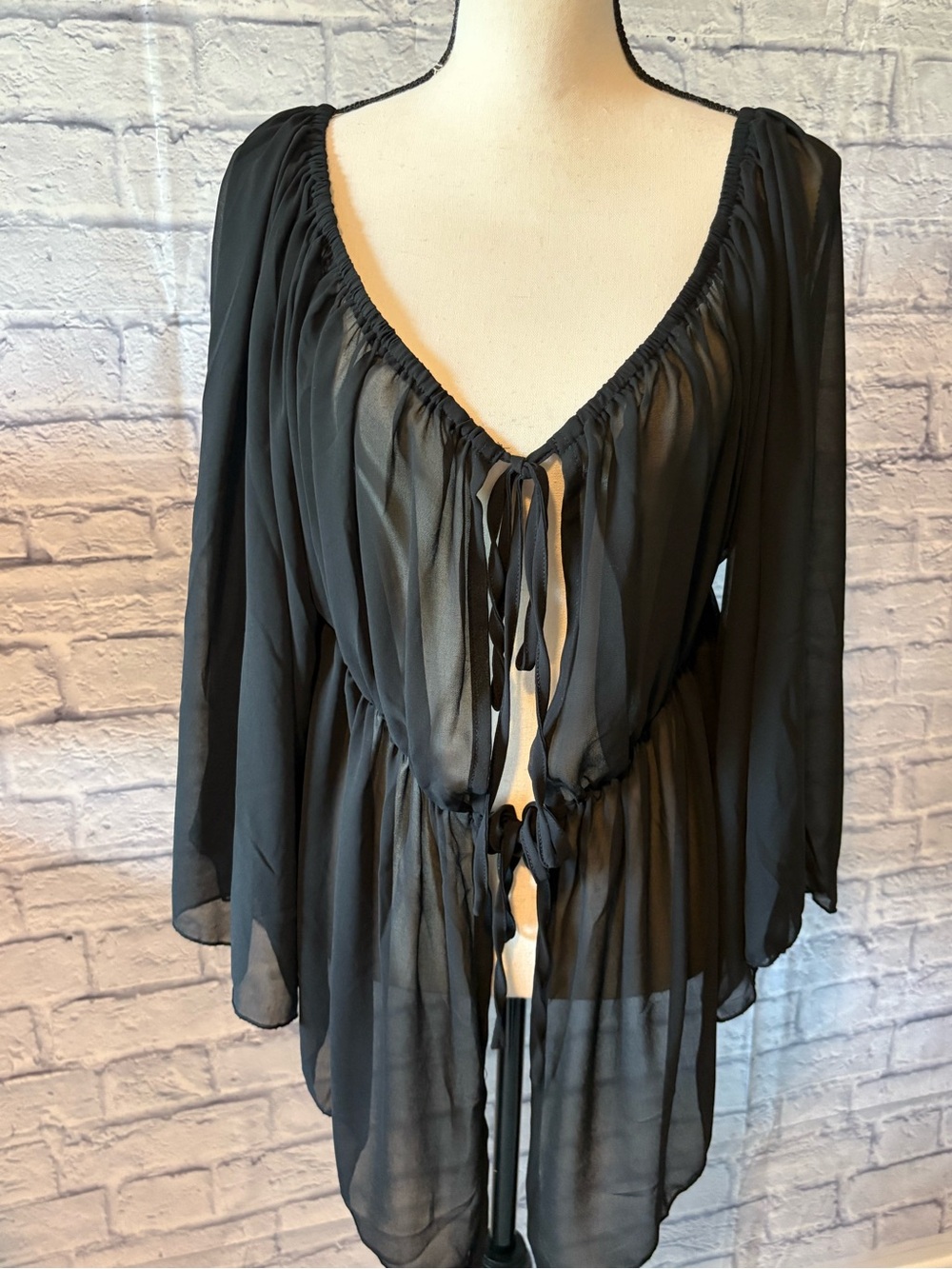 Sheer Tie-Front Black Women's Top